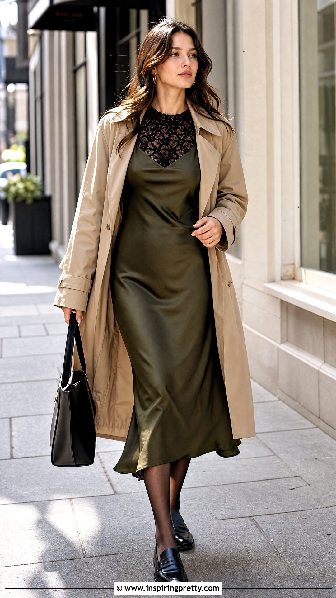 Lace Top Under Slip Dress With Trench Coat And Loafers - 25 Lace Top Under Slip Dress outfit ideas