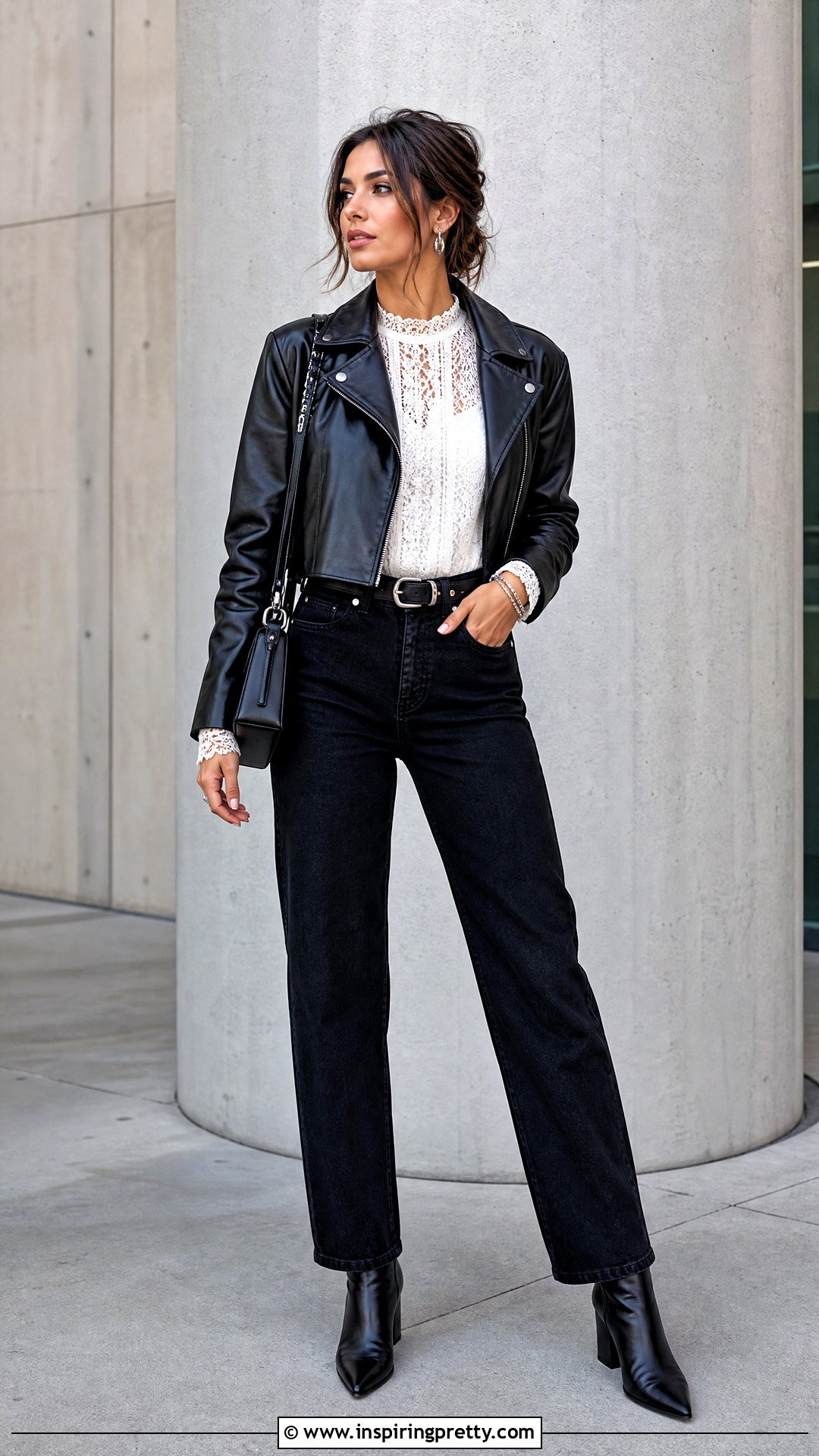 Lace Top With A Leather Jacket And Jeans - 50 cute lace tops outfit ideas