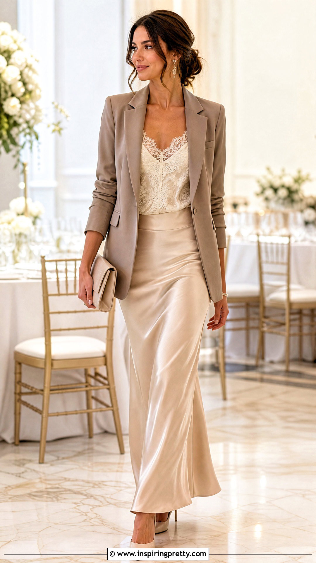 Lace Top With A Long Satin Skirt And Blazer - 50 lace tops outfit ideas