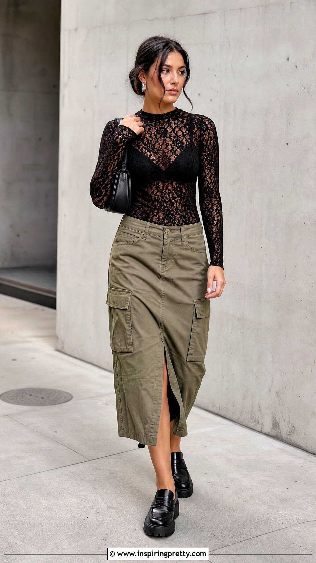 Lace Top With Cargo Midi Skirt - 50 Lace Top Outfit Aesthetic Ideas