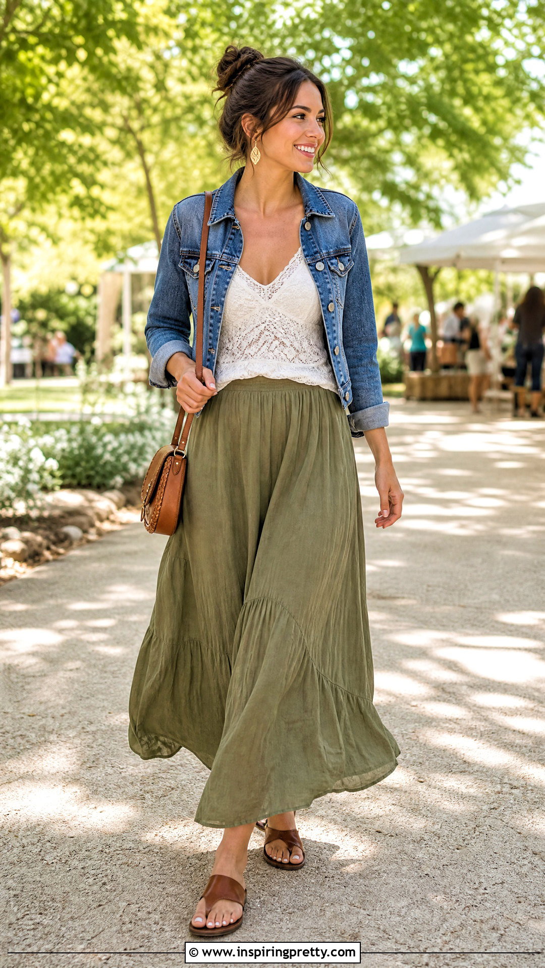 Lace Top With Denim Jacket And Maxi Skirt - 50 lacy tops outfit ideas