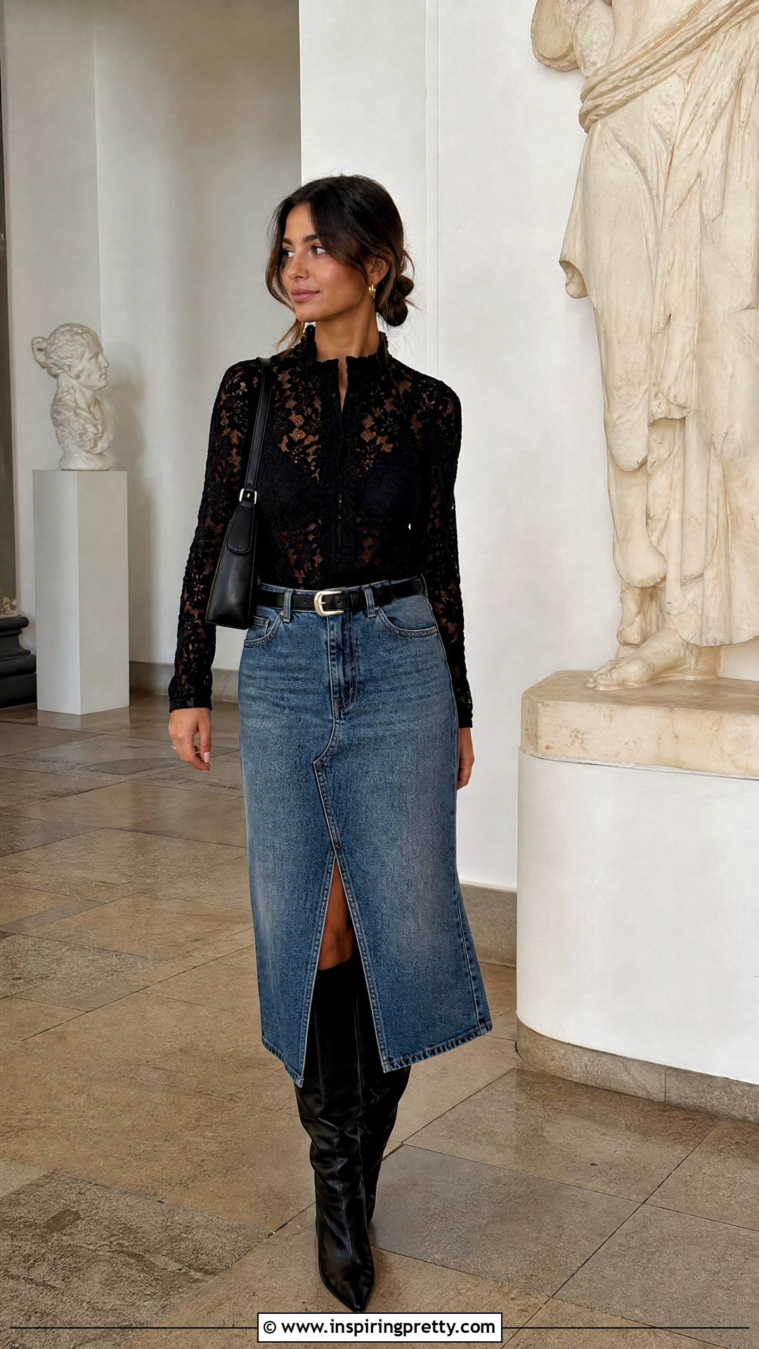 Lace Top With Denim Midi Skirt - 50 lace top styles