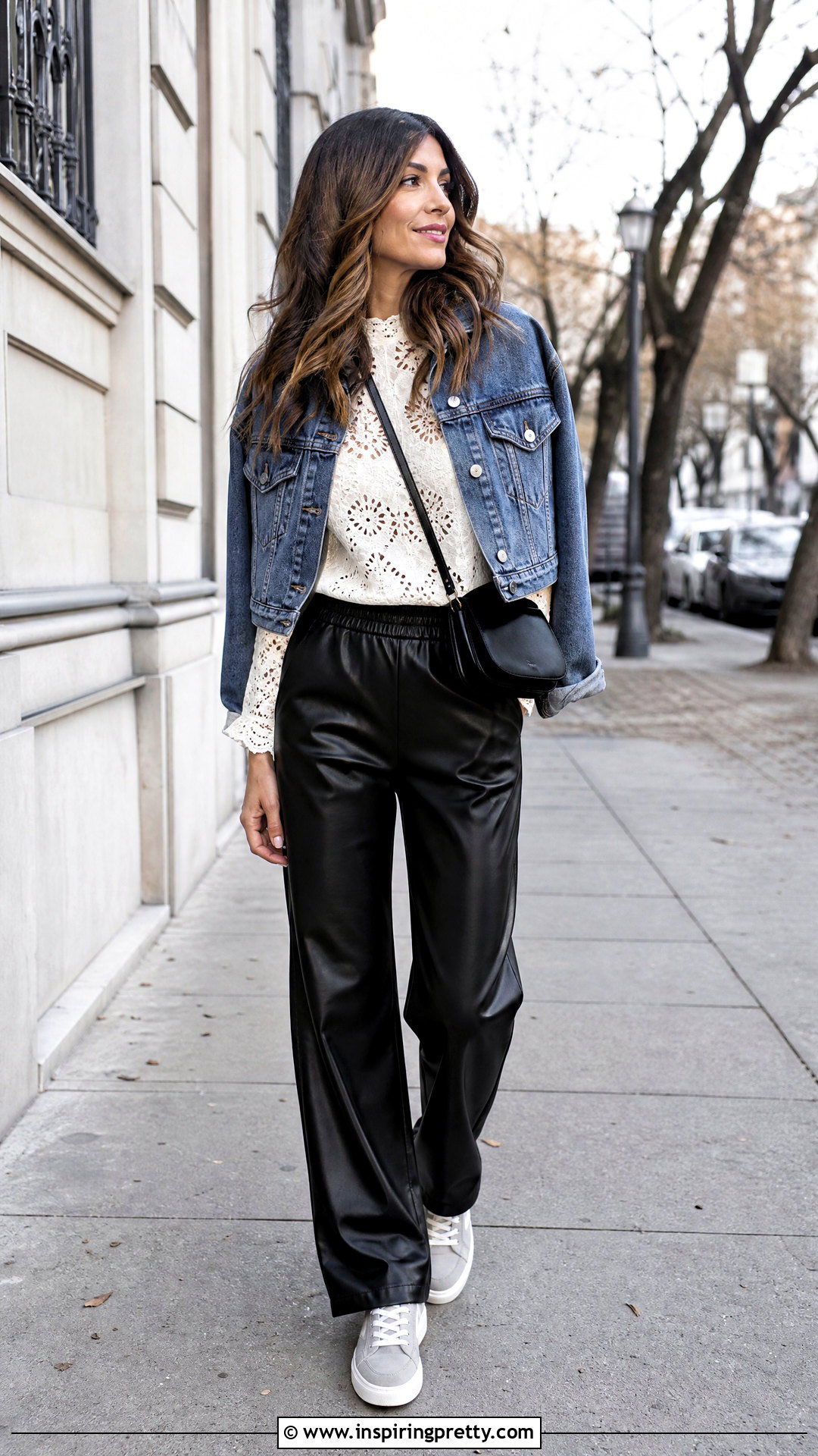 Lace Top With Faux Leather Pants And Sneakers - 20 casual lace top fashion ideas