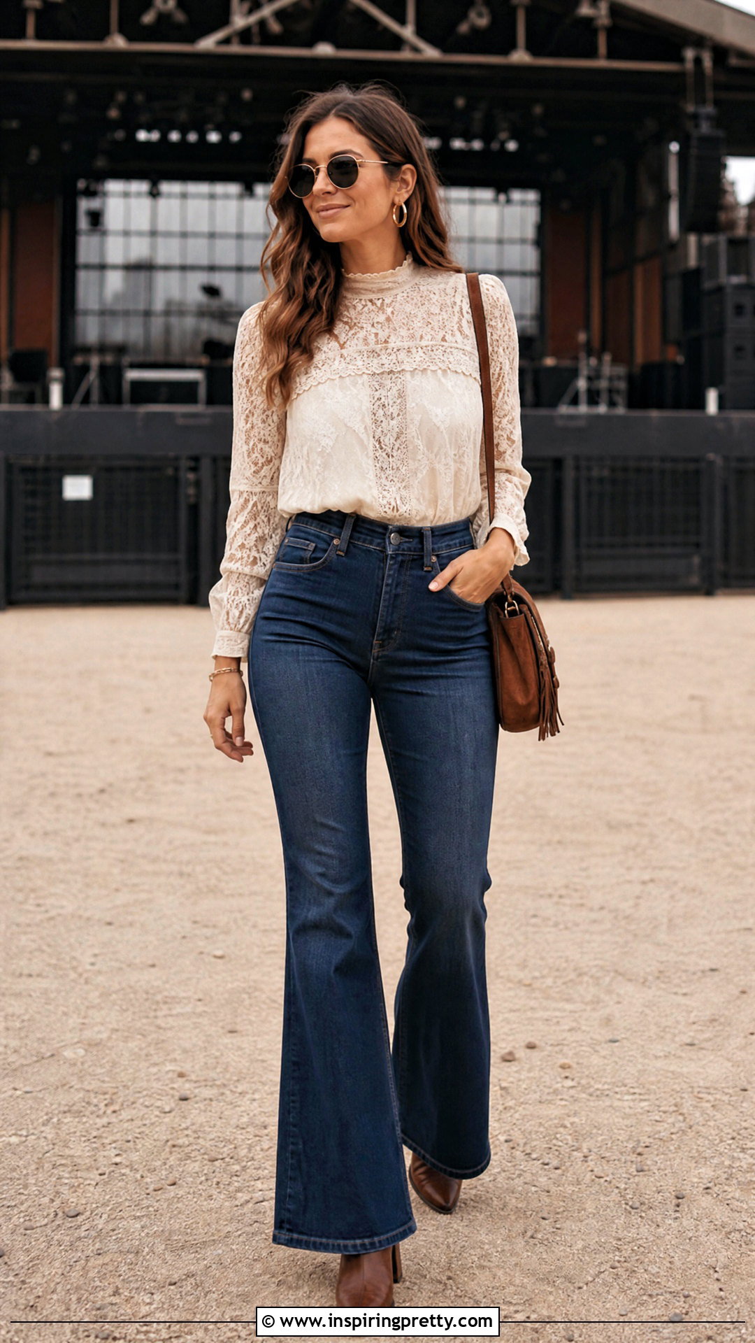 Lace Top With Flared Jeans - 50 lace tops outfit ideas