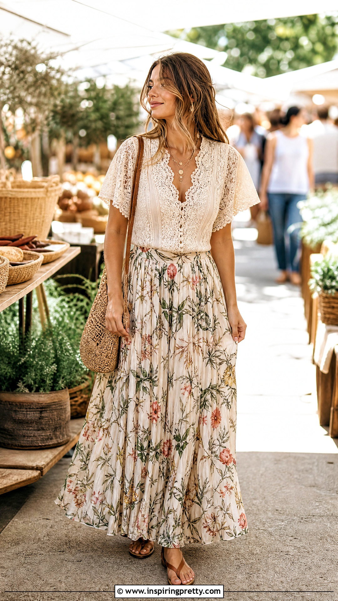 Lace Top With Floral Maxi Skirt - 50 cute lace tops outfit ideas