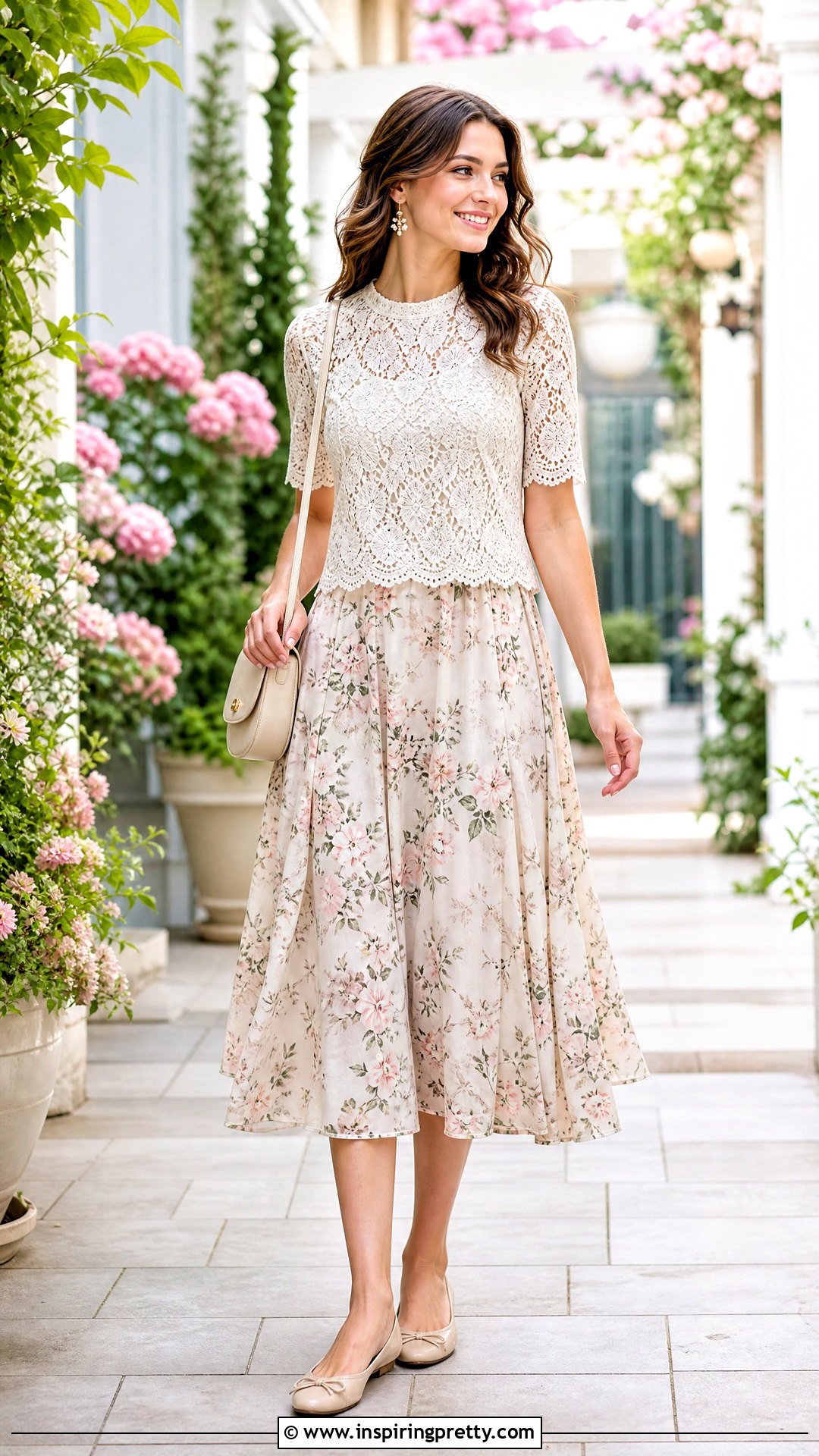 Lace Top With Floral Skirt - 50 lacy tops outfit ideas