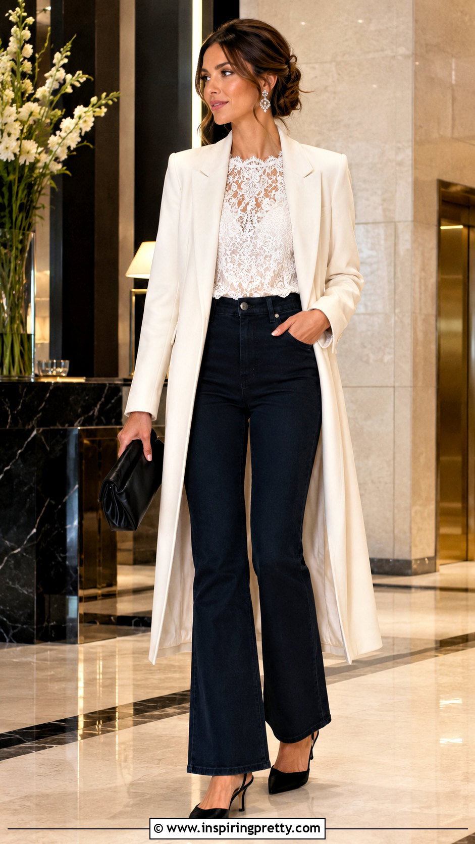 Lace Top With High Waisted Jeans - 50 jeans and top outfit going out ideas