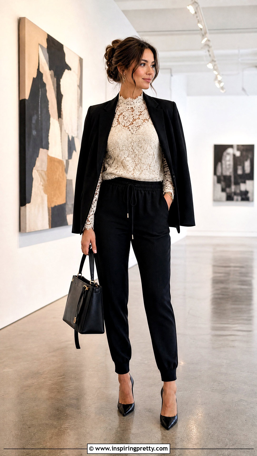 Lace Top With Jogger Pants And Heels - 50 lace tops outfit ideas