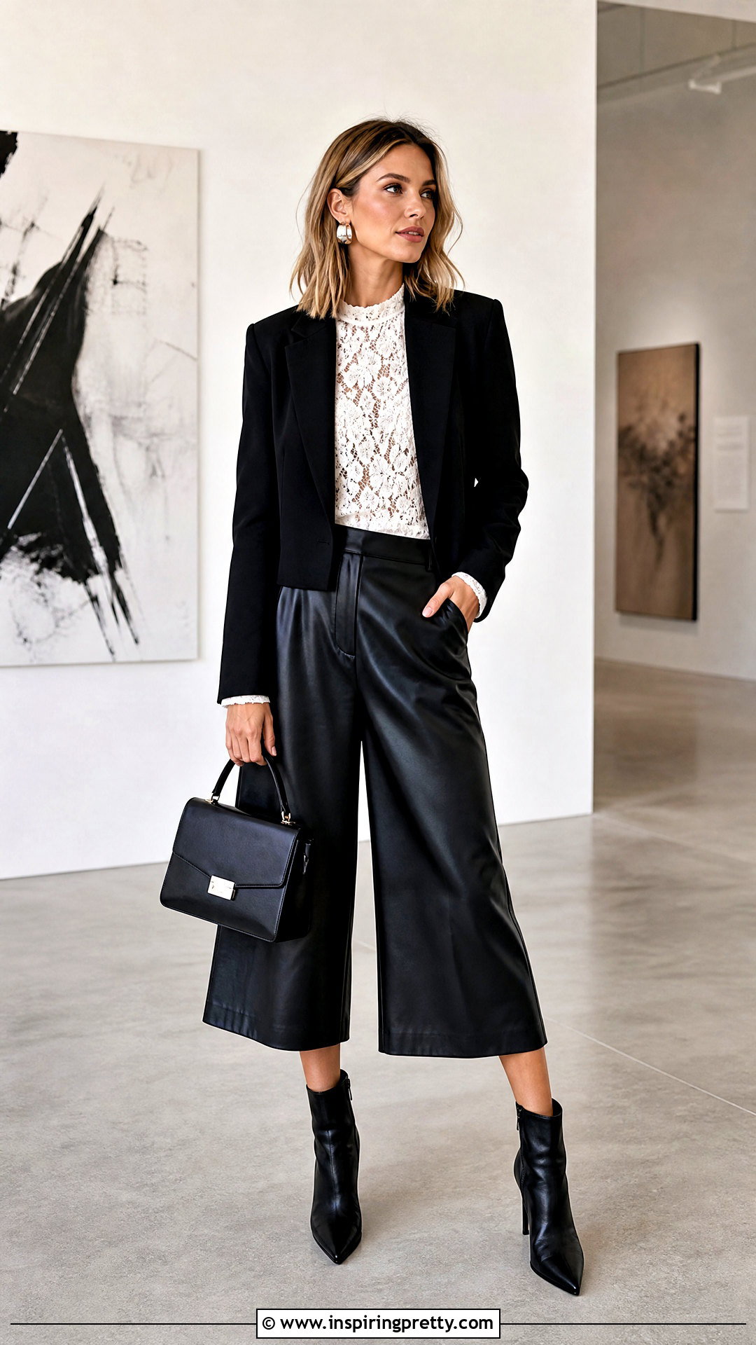 Lace Top With Leather Culottes - 25 leather and lace top outfit ideas