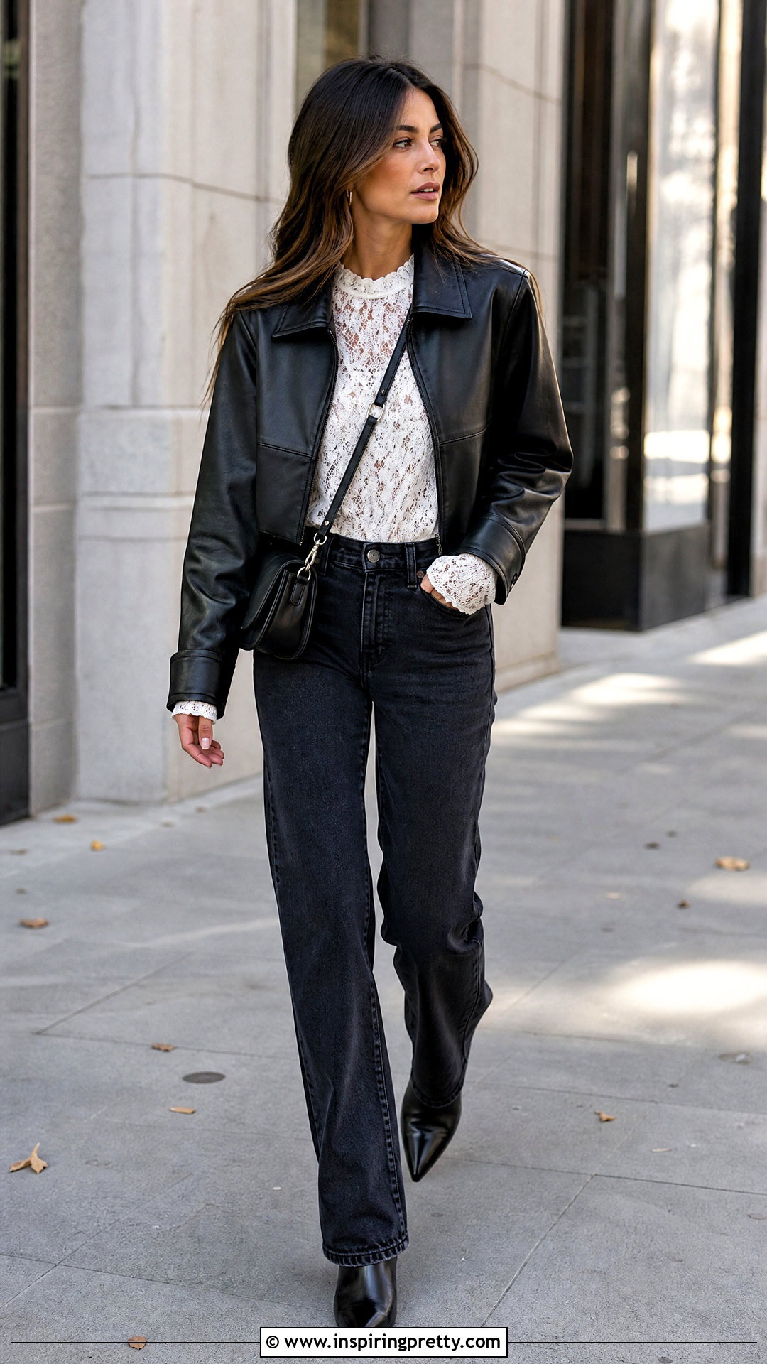 Lace Top With Leather Jacket And Jeans - 50 lace top outfit ideas