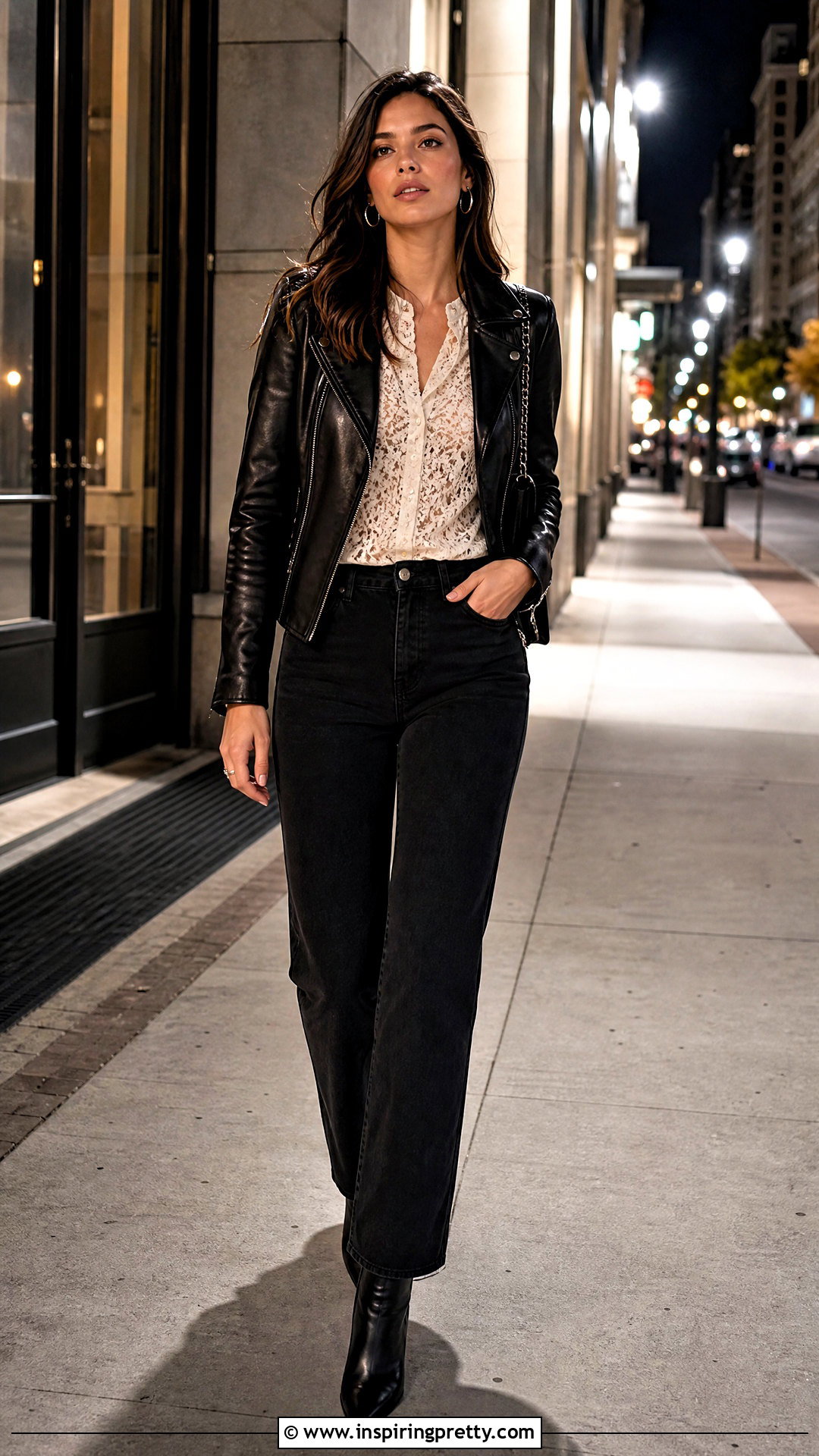 Lace Top With Leather Jacket And Jeans - 50 lacy tops outfit ideas