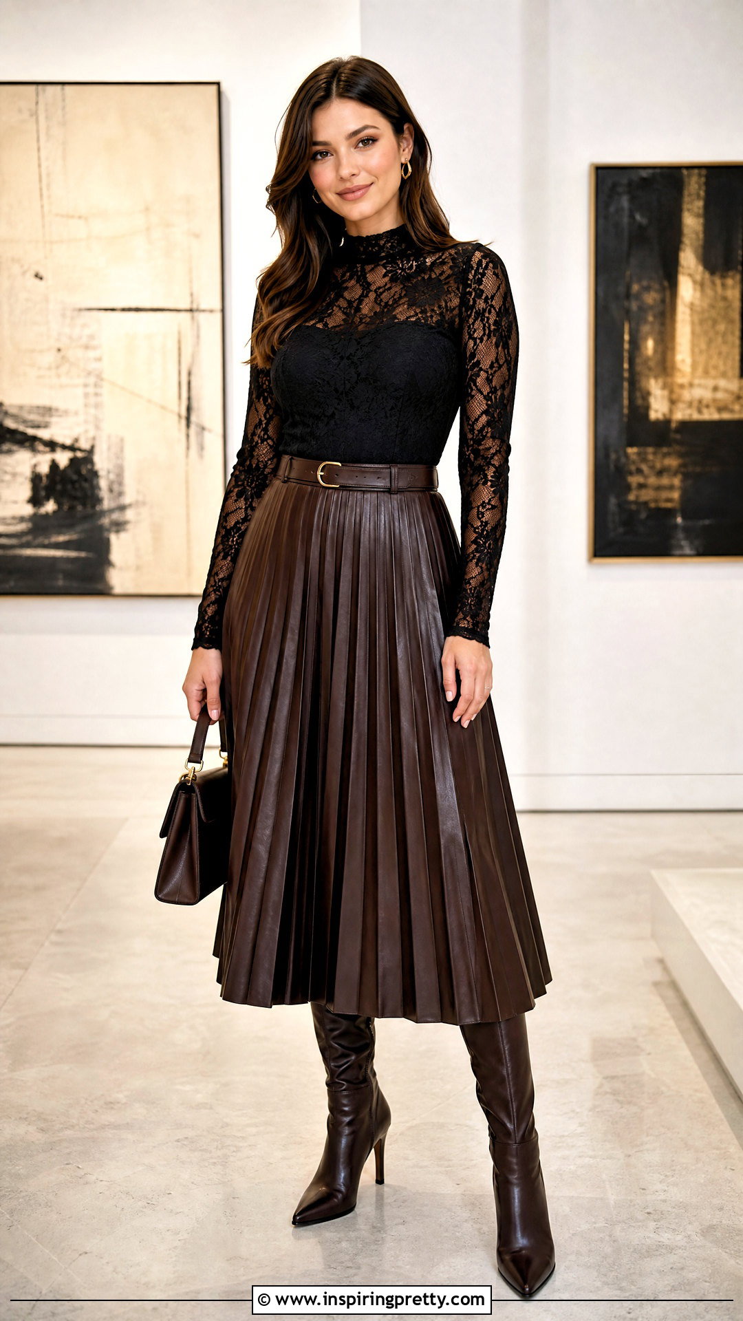 Lace Top With Pleated Leather Skirt - 25 leather and lace top outfit ideas