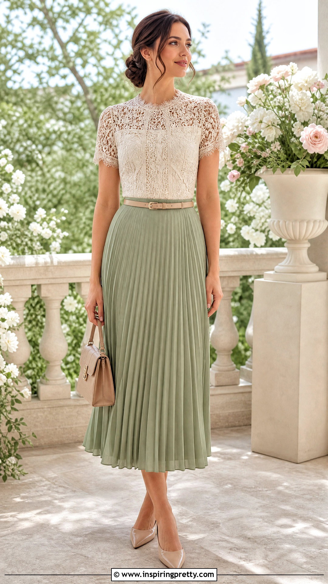 Lace Top With Pleated Midi Skirt - 50 lace tops outfit ideas