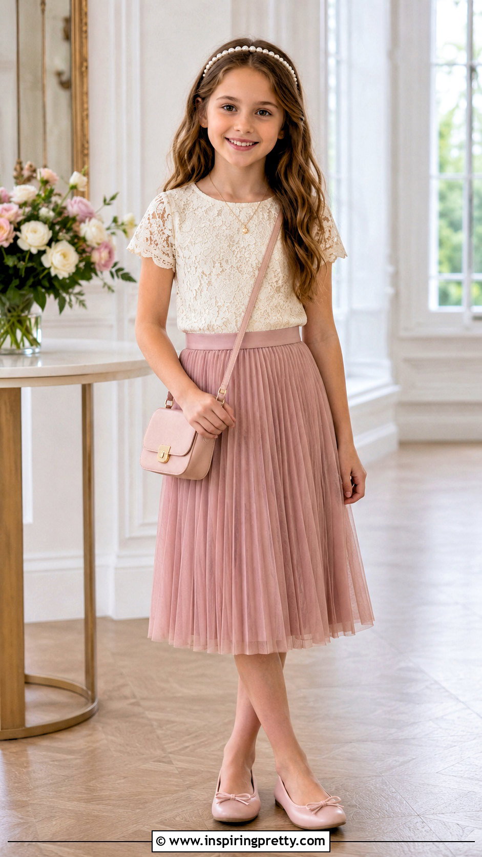 Lace Top With Pleated Midi Skirt - 20 girls dressy tops outfit ideas