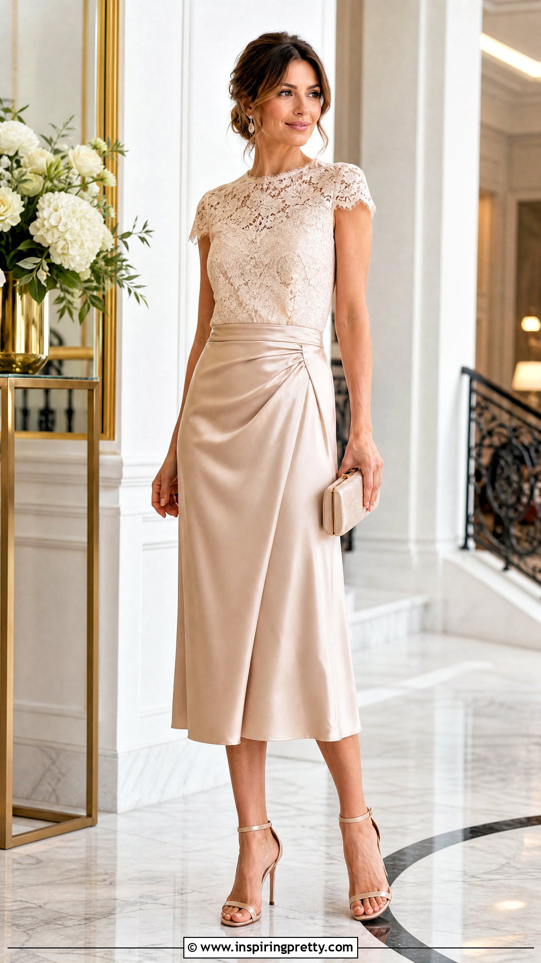 Lace Top With Satin Midi Skirt - 50 lace top outfit ideas
