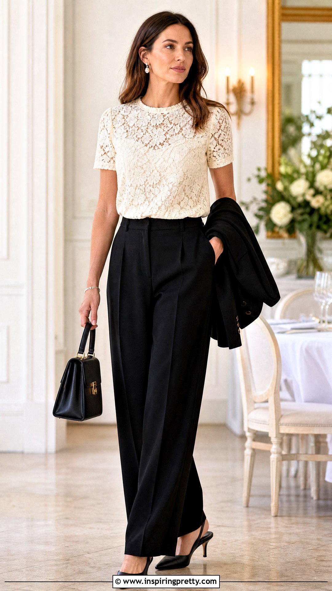 Lace Top With Tailored Trousers - 50 types of tops outfit ideas