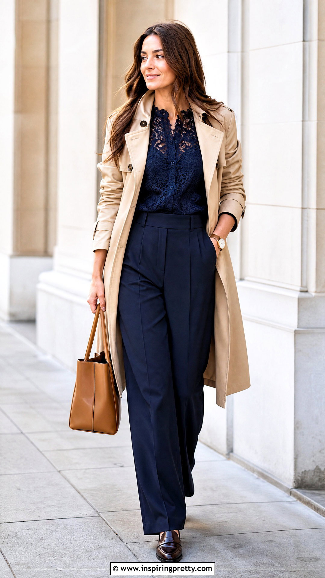 Lace Top With Trench Coat And Trousers - 50 lacy tops outfit ideas