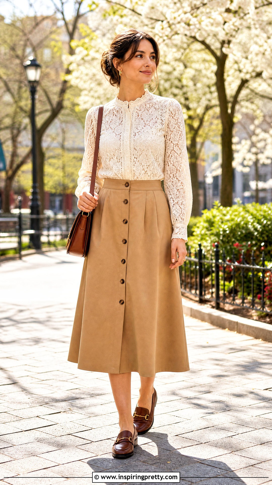 Lace Top With a Button Front Midi Skirt - how to style a lace top (50 ways)