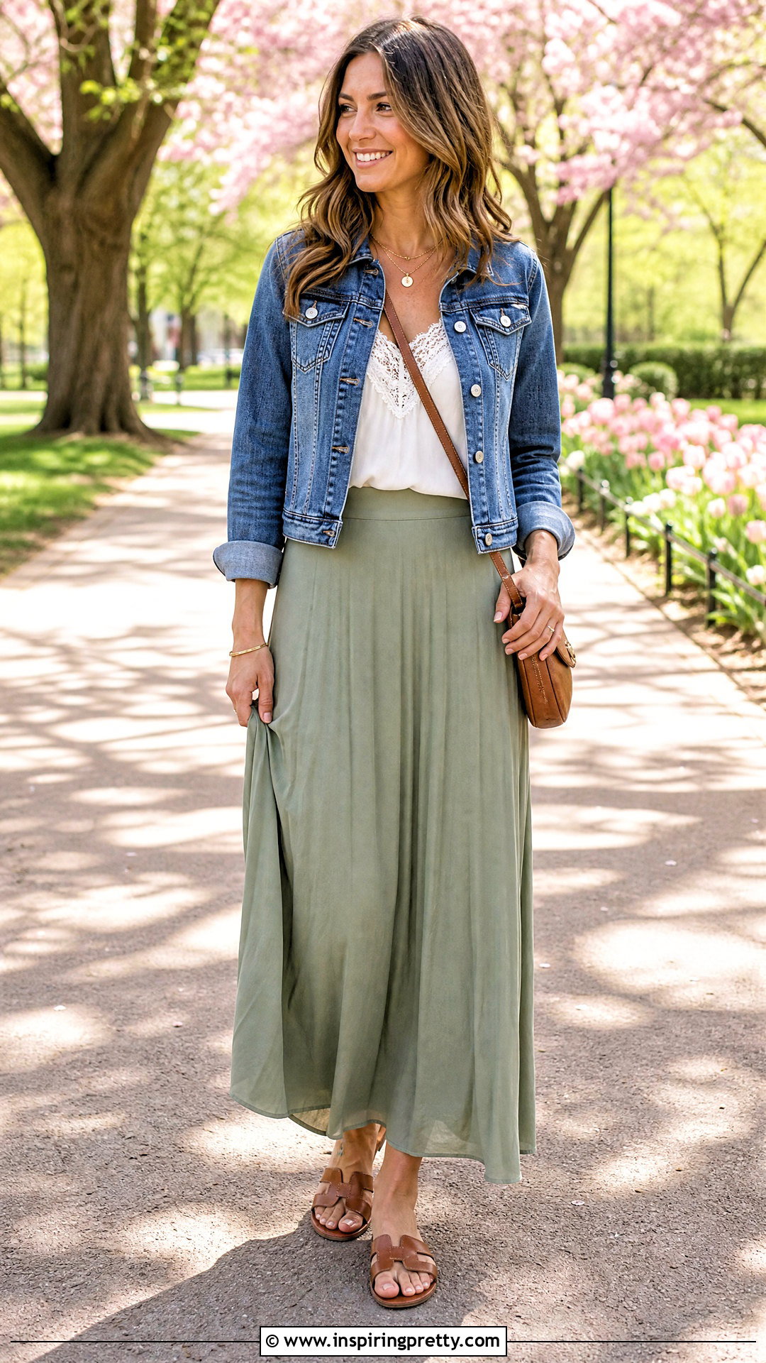 Lace Top With a Denim Jacket and Maxi Skirt - how to style a lace top (50 ways)