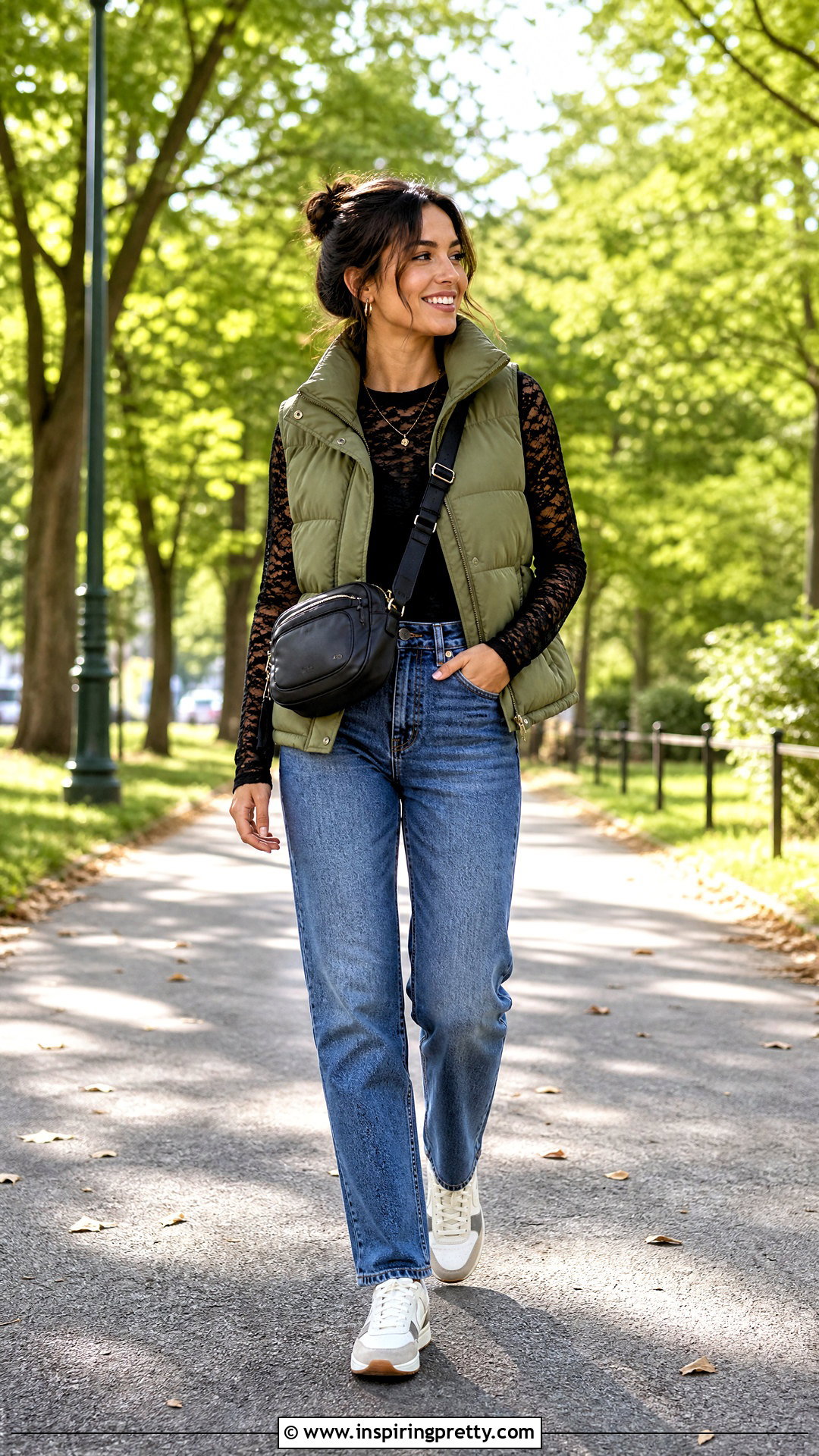 Lace Top With a Puffer Vest and Jeans - how to style a lace top (50 ways)