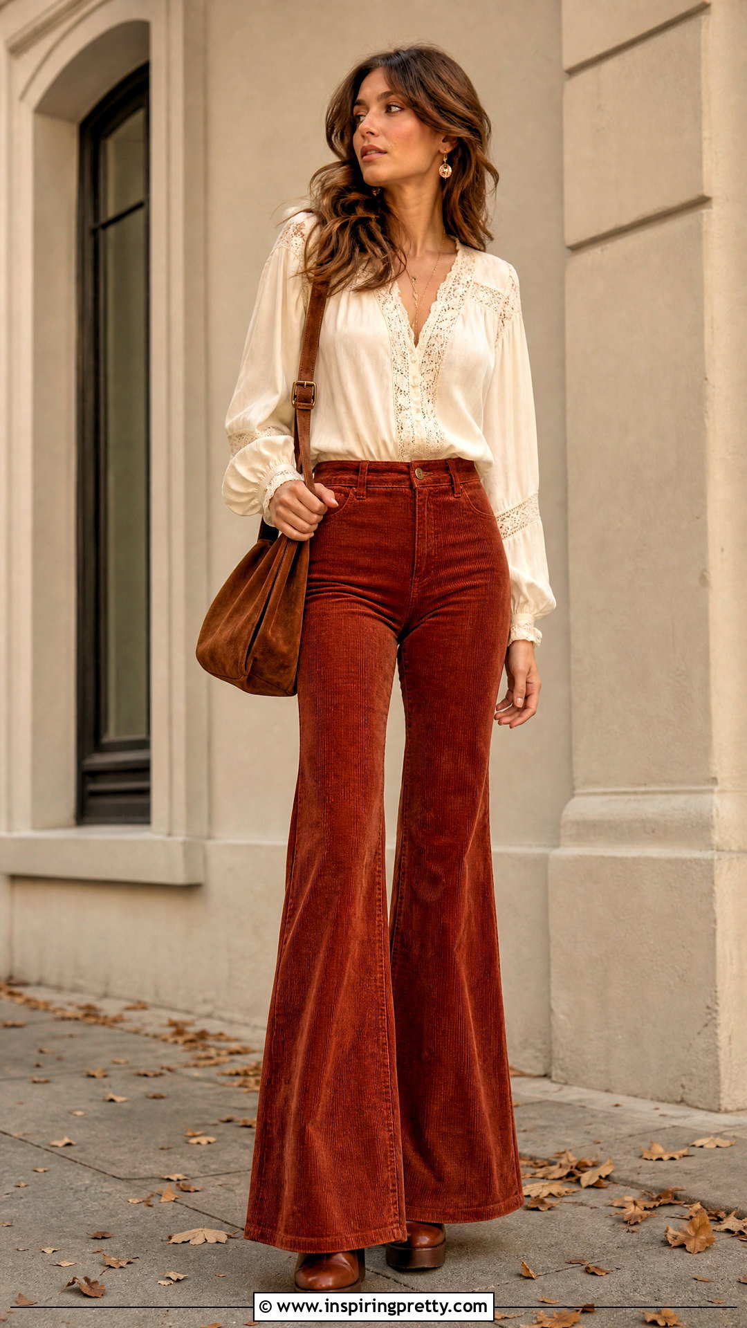 Lace Trim Blouse With Corduroy Flares - 50 70s tops outfit ideas