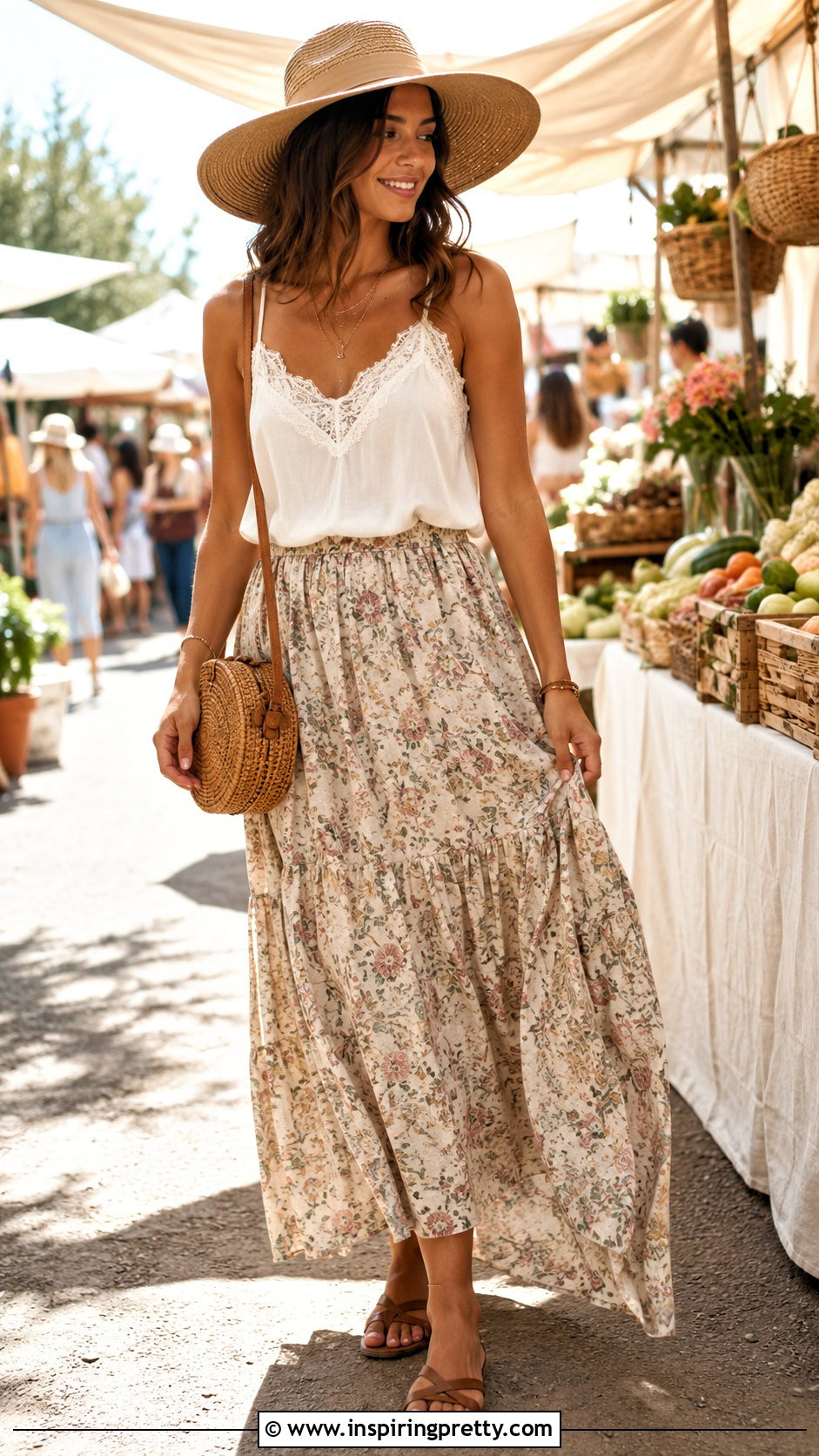 Lace Trim Cami Top With Boho Maxi Skirt - 20 lace trim cami top outfit ideas