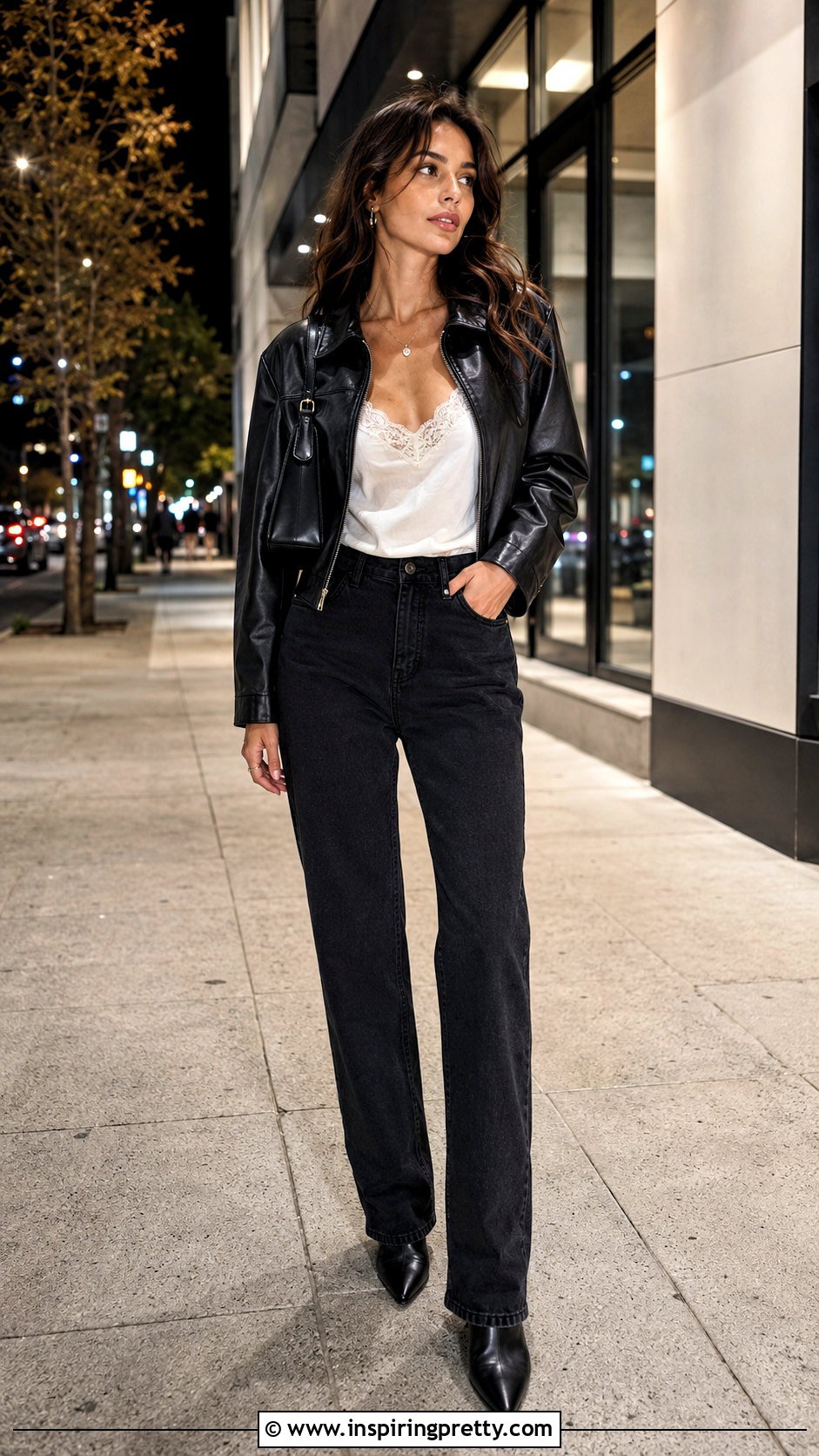 Lace Trim Cami Top With Leather Jacket And Jeans - 20 lace trim cami top outfit ideas