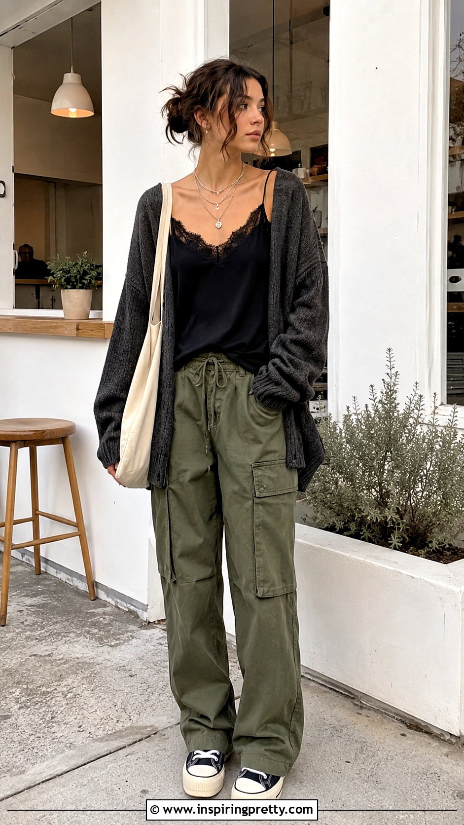 Lace Trim Cami With Cardigan And Cargos - 50 alt tops outfit ideas