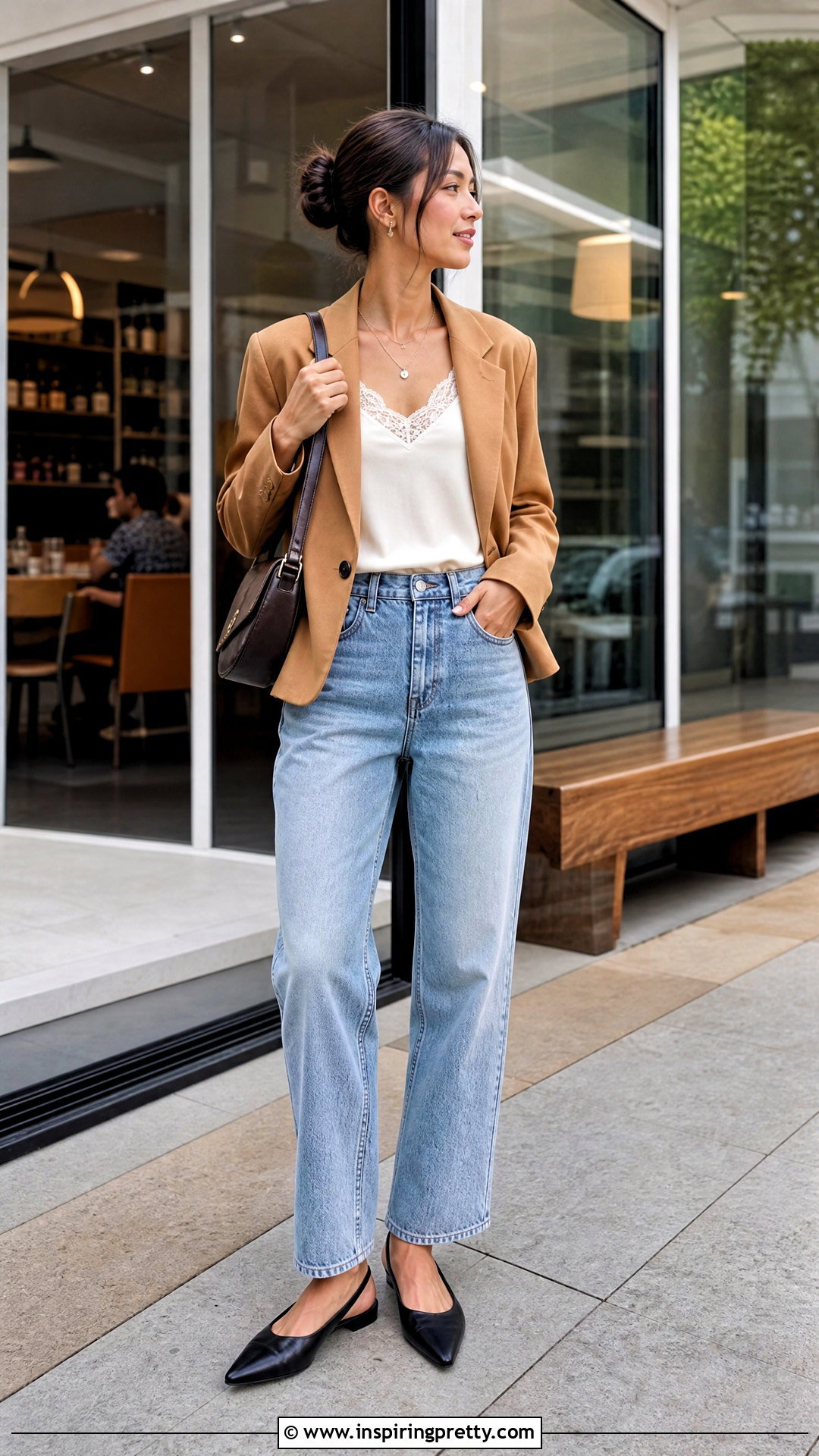Lace Trim Camisole Top With Relaxed Jeans - 50 chic tops outfit ideas