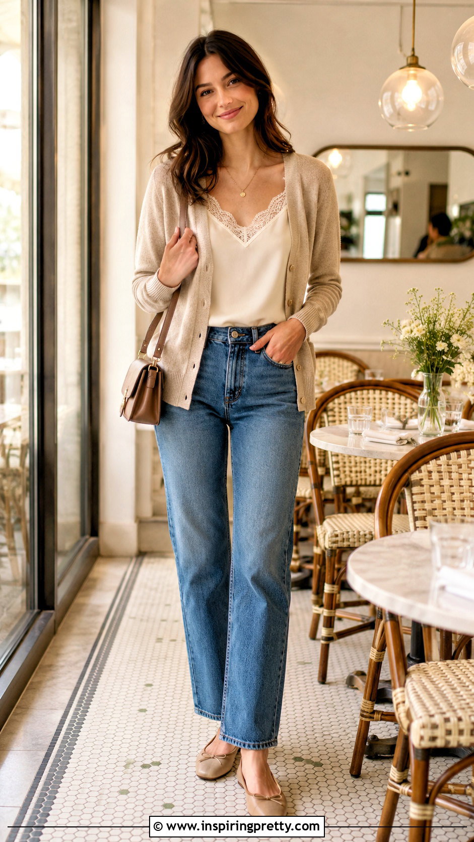 Lace Trim Camisole With Cardigan And Jeans - 50 simple tops for women