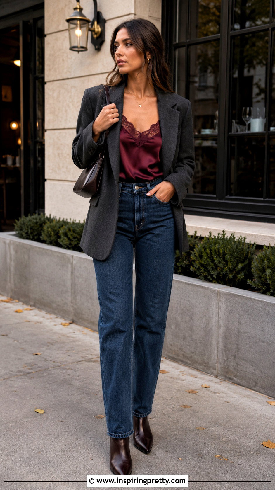 Lace Trim Camisole With Oversized Blazer - 20 Stylish Tops For Fall Outfits