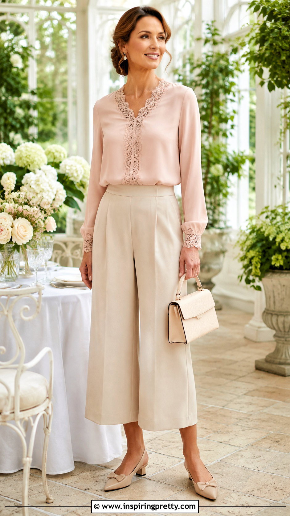Lace Trim Crepe Top With Midi Pants - 50 crepe top styles
