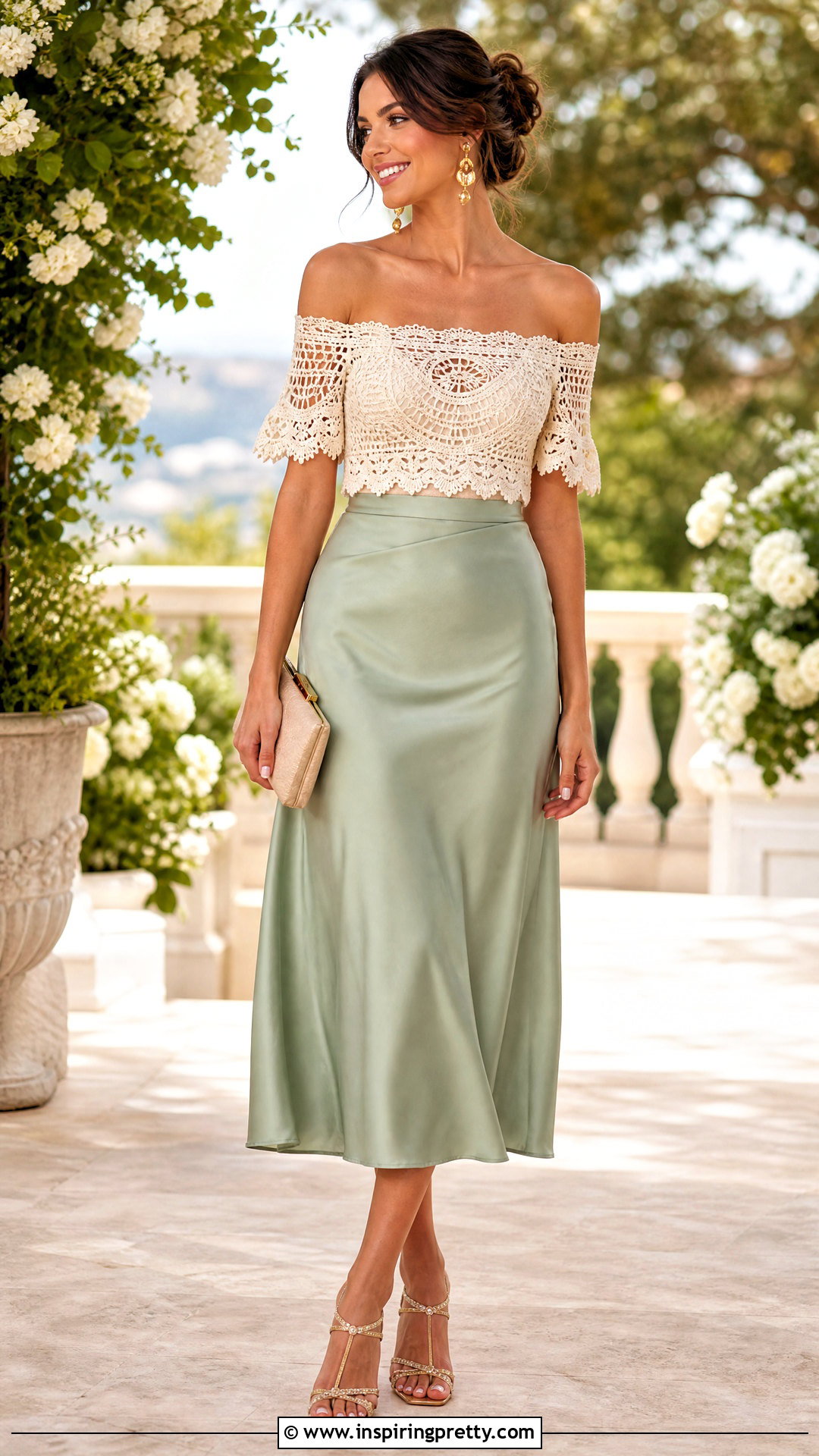 Lace Trim Crochet Off Shoulder Top With Satin Skirt - 50 Crochet Off Shoulder Top outfit ideas