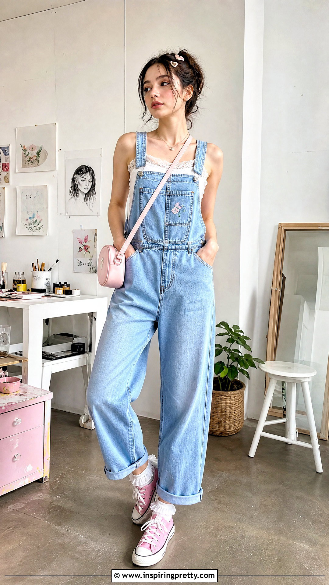 Lace Trim Cutecore Top With Denim Overalls - 50 Cutecore Top outfit ideas