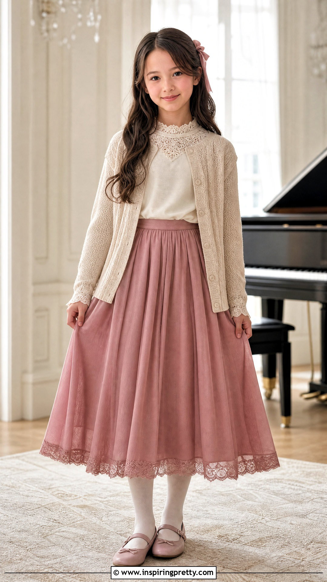Lace Trim Long Sleeve Top With Midi Skirt - 25 long sleeve tops for girls