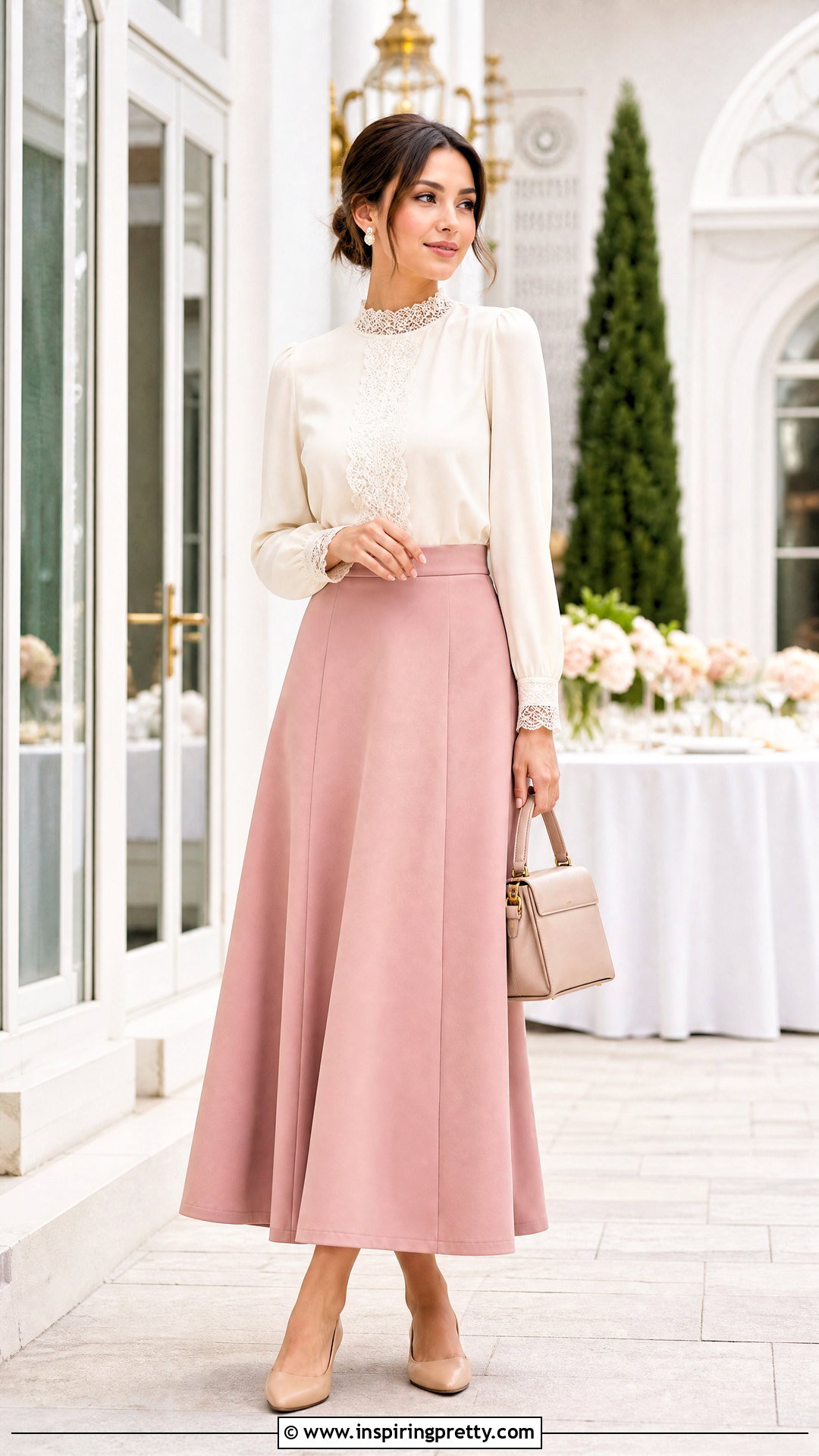 Lace Trim Modest Blouse With Tailored Skirt - 50 modest tops for women