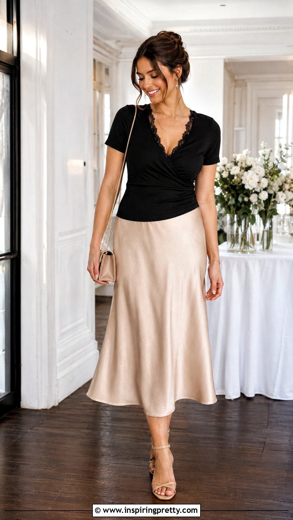 Lace Trim Nursing Top With Satin Midi Skirt - 25 Cute Nursing Tops outfit ideas
