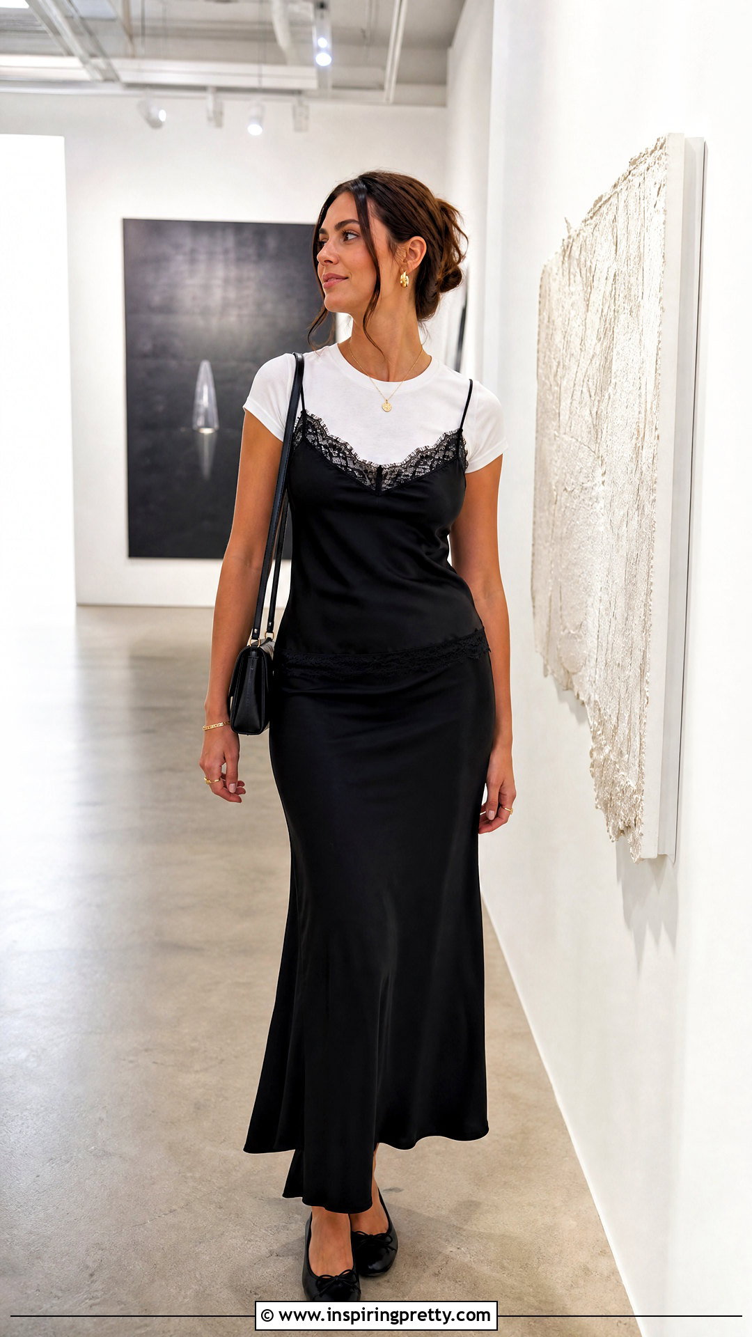 Lace Trim Satin Top With T Shirt And Maxi Skirt - 50 satin top outfit ideas