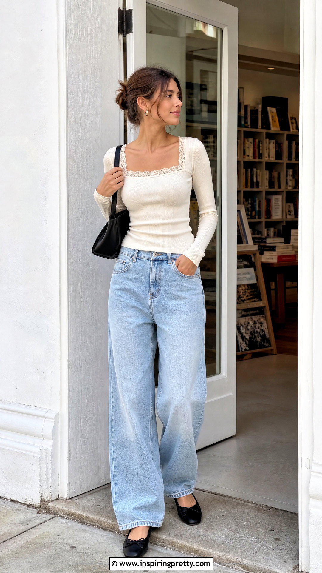 Lace Trim Square Neck Top With Relaxed Jeans - 50 square neck top outfit ideas