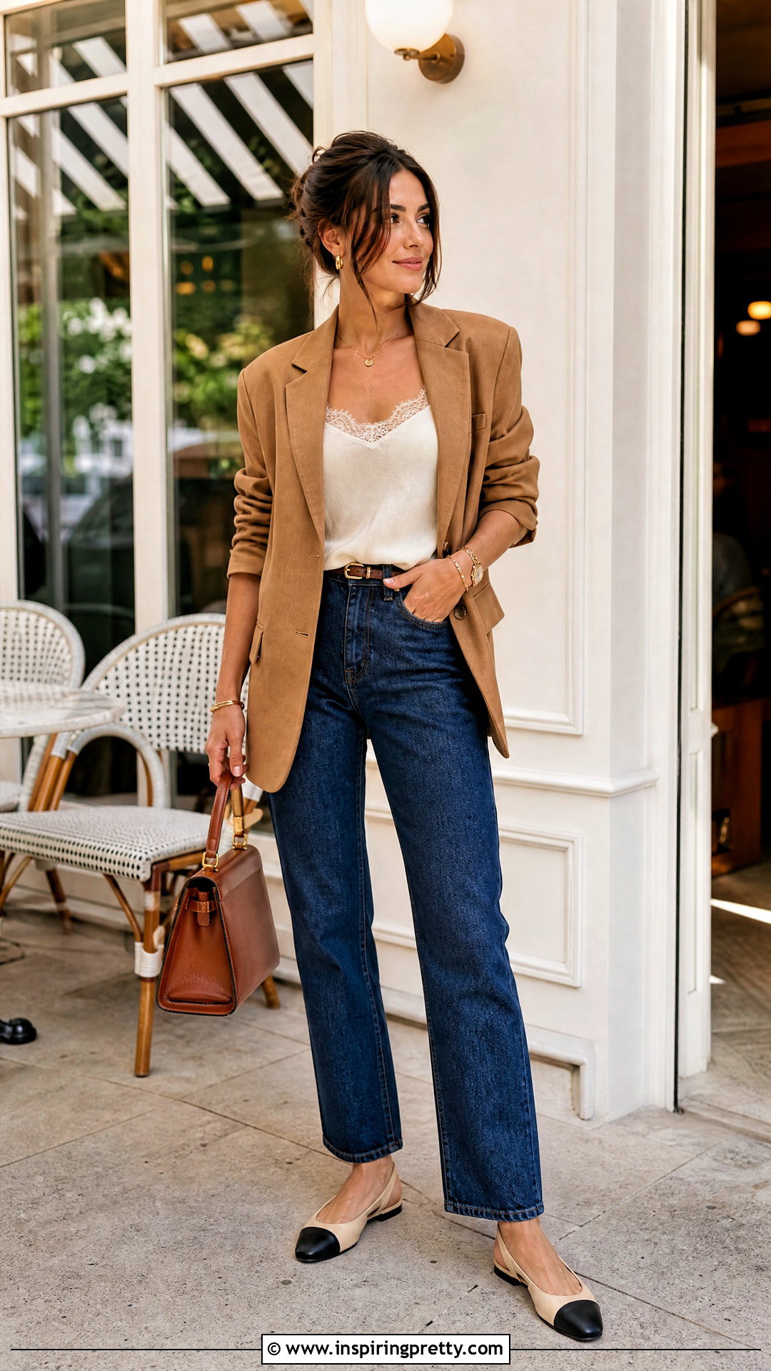 Lace Trim Strap Top With Blazer And Jeans - 50 strap top outfit ideas