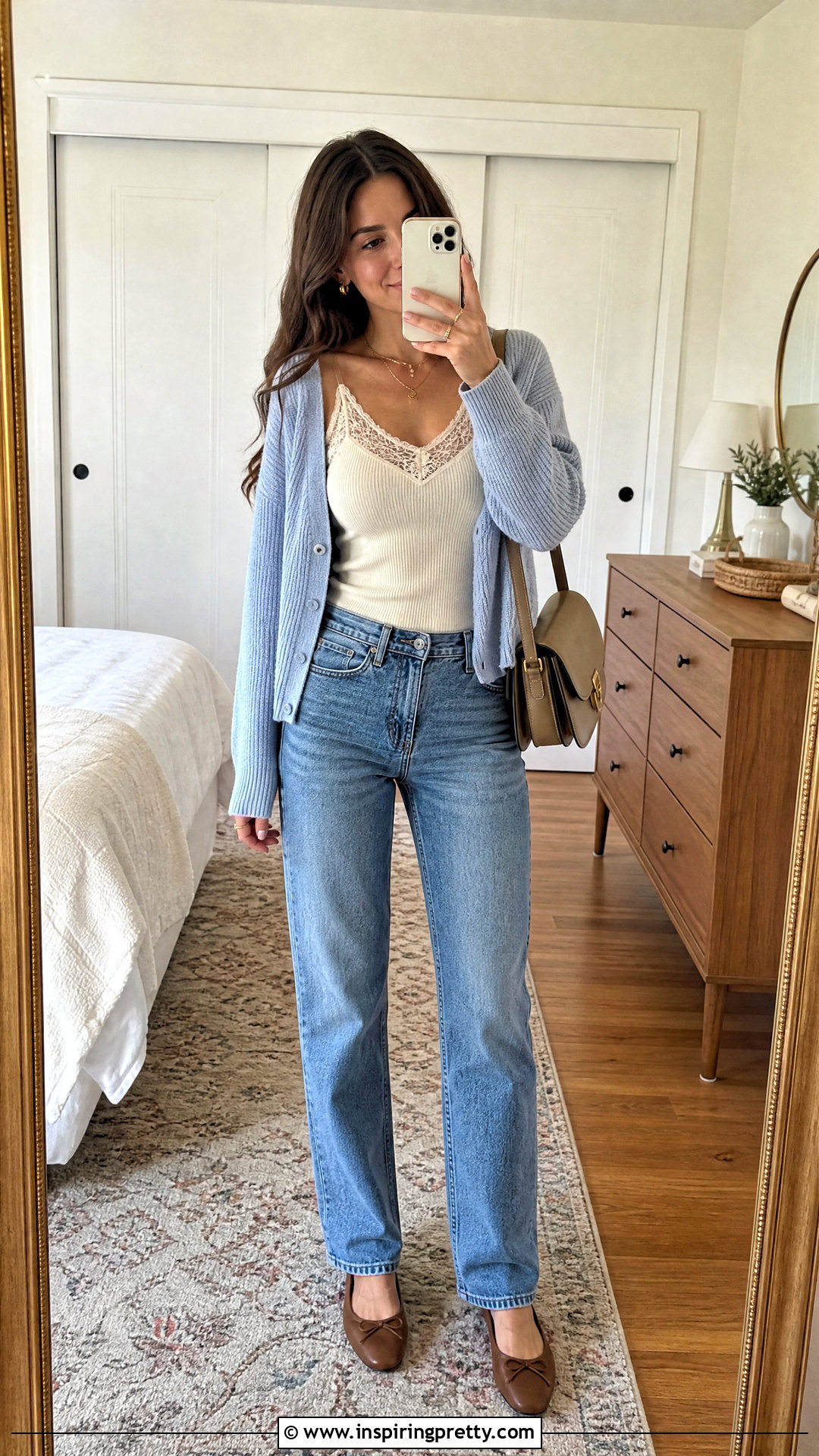 Lace Trim Tank Top With Cardigan And Jeans - 50 selfie tank top outfit ideas