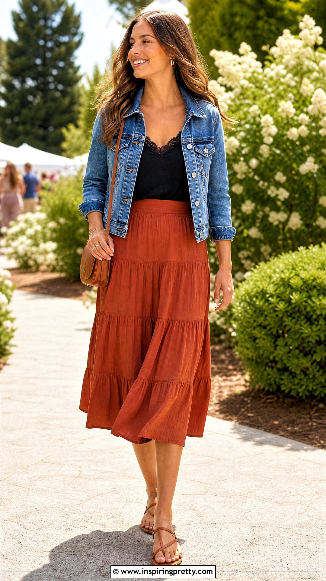 Lace Trim Top With A Tiered Midi Skirt - 50 lace trim top outfit ideas