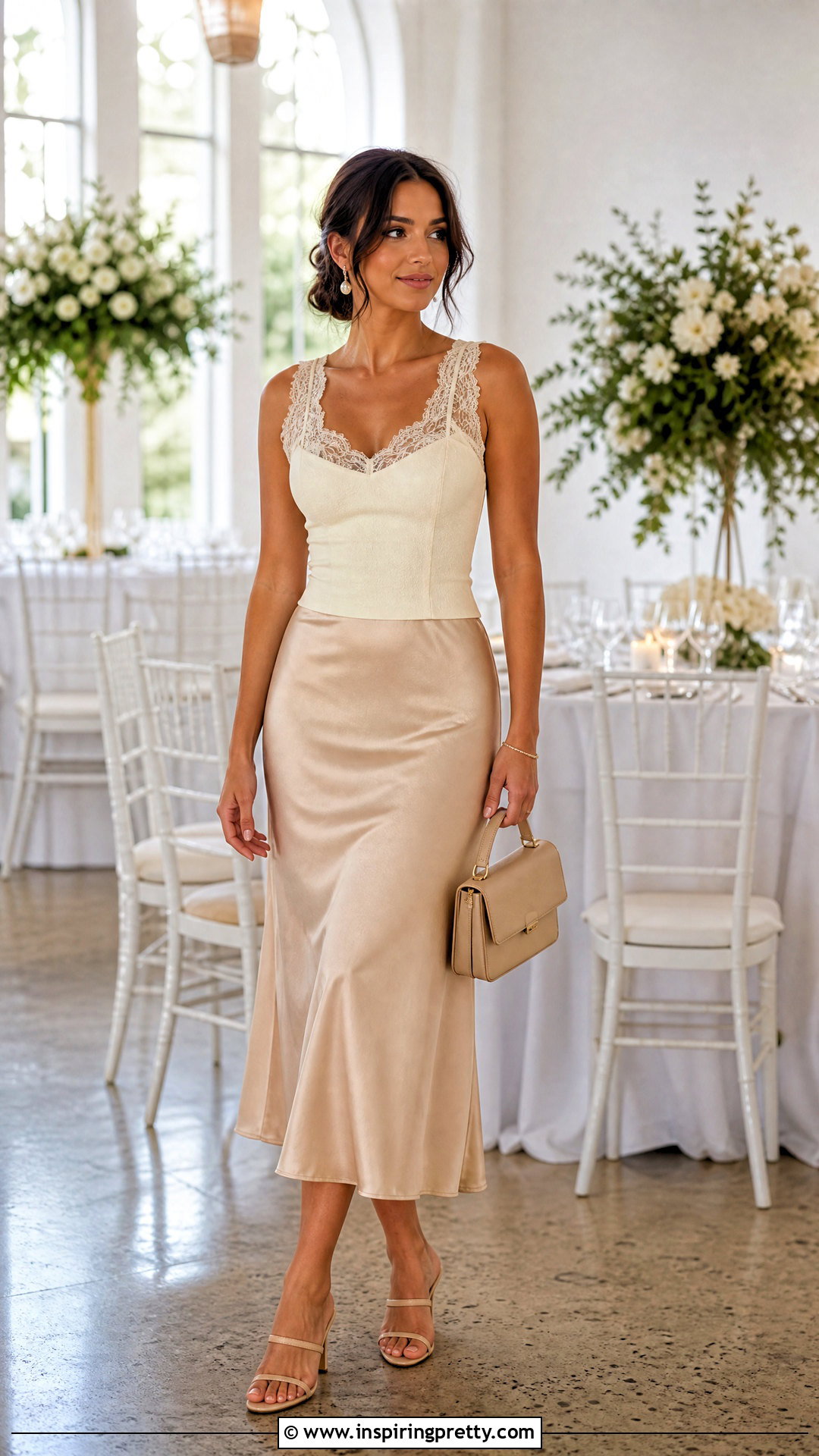 Lace Trim Top With Satin Midi Skirt - 50 lace trim top outfit ideas