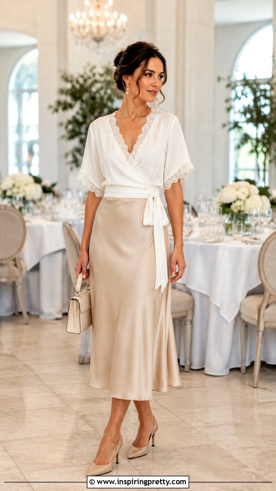 Lace Trim Wrap Top With Satin Midi Skirt - 50 wrap top outfit classy ideas