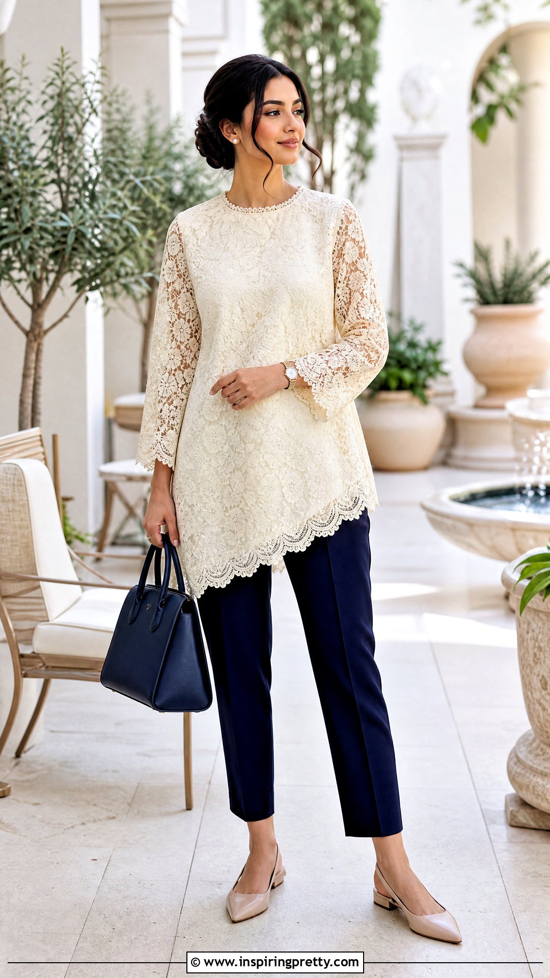 Lace Tunic Top With Cropped Trousers - 50 stylish tunic tops outfit ideas
