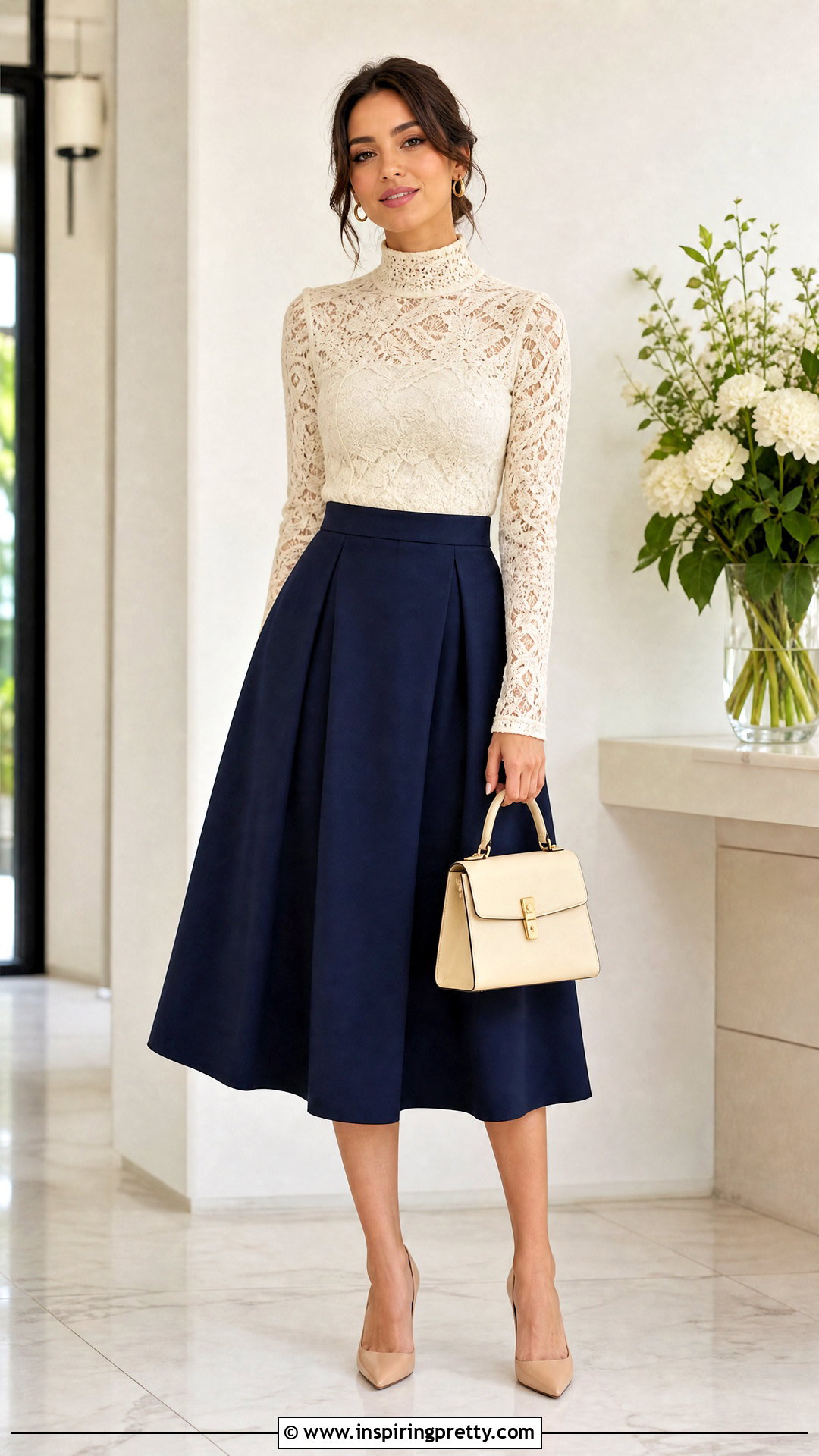 Lace Turtleneck Top With Midi Skirt - 50 lace tops for women classy ideas