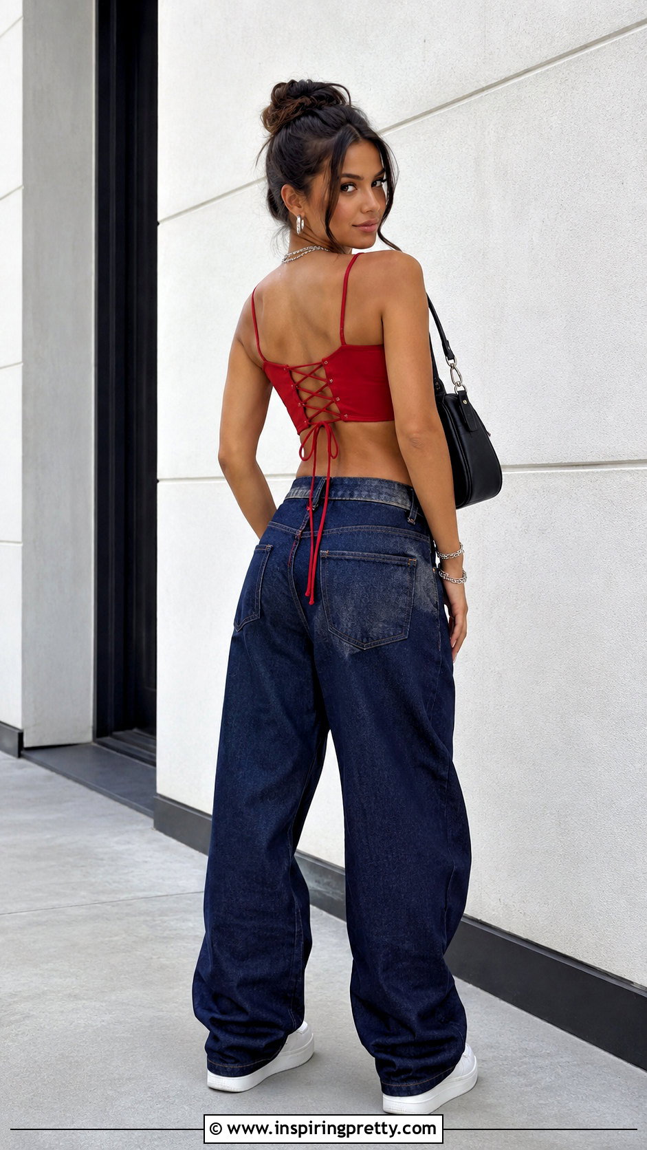 Lace Up Back Crop Top With Baggy Jeans - 20 Lace Up Back Crop Top outfit ideas
