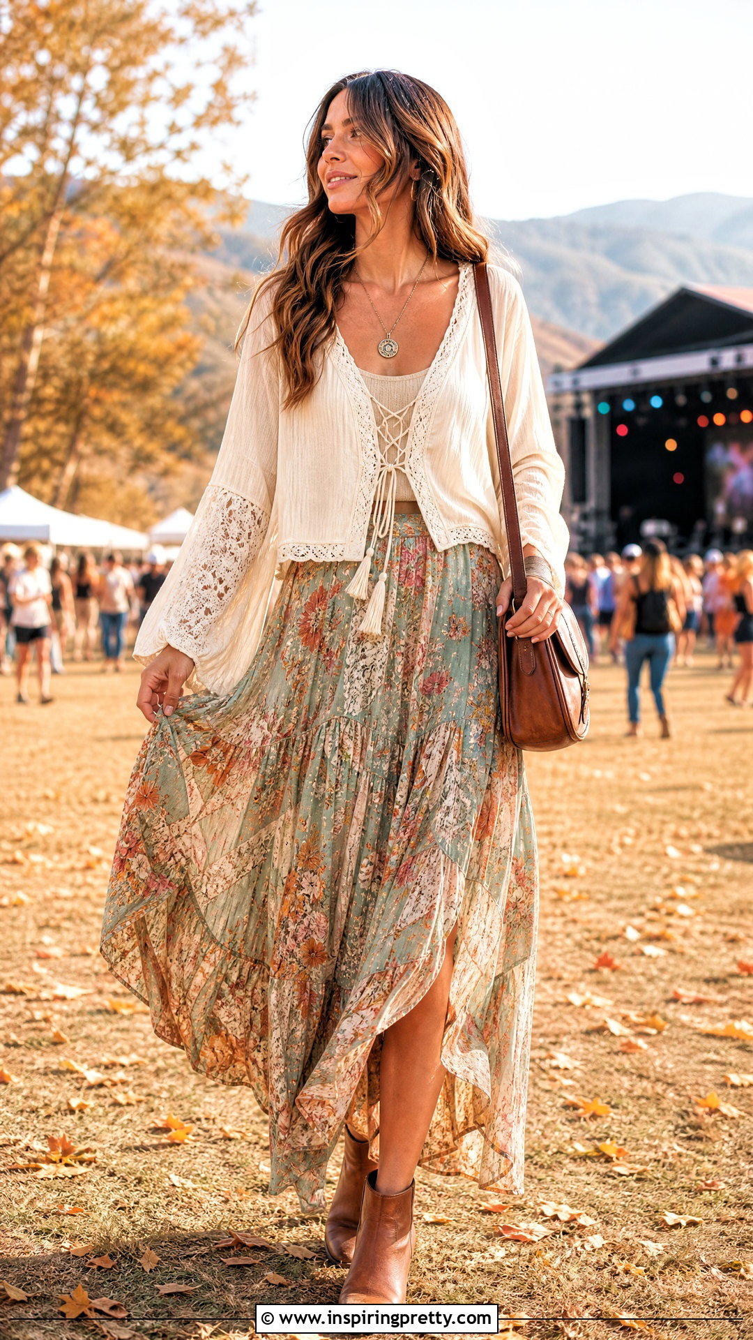 Lace Up Blouse With Floral Maxi Skirt - 50 whimsical tops outfit ideas