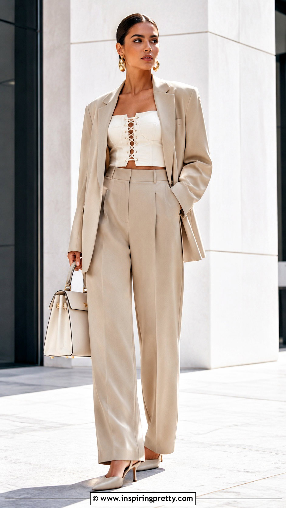 Lace Up Crop Top With Blazer And Trousers - 20 Lace-Up Crop Top Style outfit ideas
