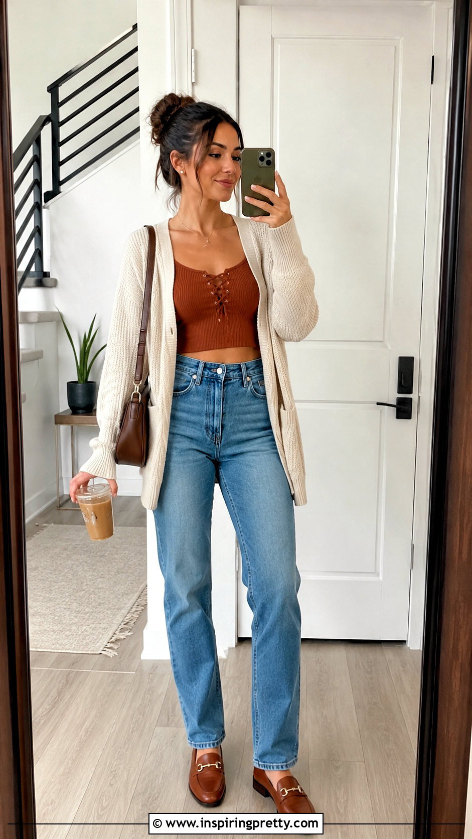 Lace Up Crop Top With Cardigan And Jeans - 20 Lace-Up Crop Top Style outfit ideas
